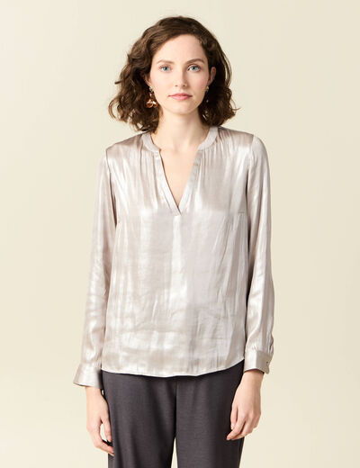 Blouse manches longues irisée gris argent femme