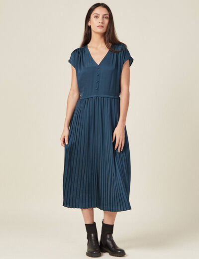 Robe midi évasée plissée satin bleu canard femme