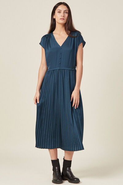 Robe midi évasée plissée satin bleu canard femme