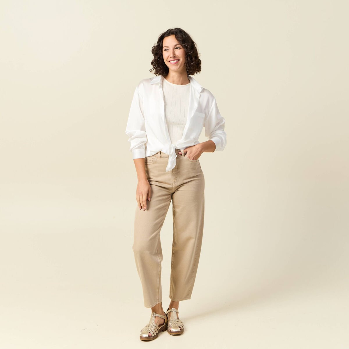 Débardeur cropped col rond en coton ivoire femme