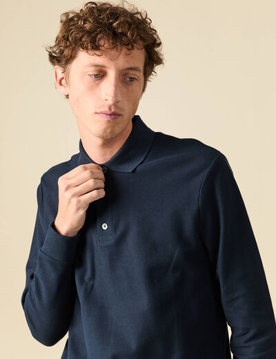 Polo manches longues en coton bleu marine homme