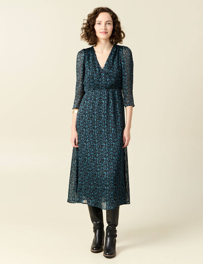 Robe longue évasée manches 3/4 bleu canard femme