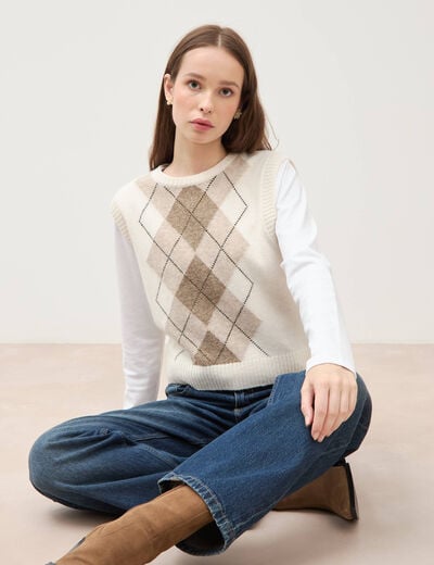 Pull sans manches col rond ecru femme