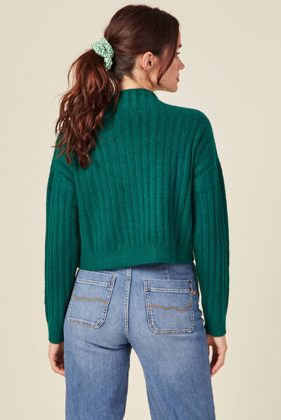 Pull manches longues cropped vert femme