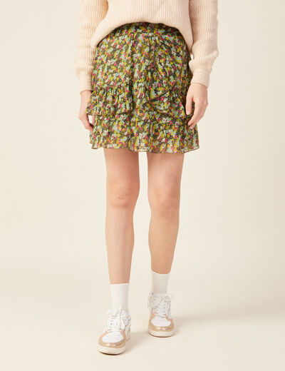 Jupe droite volantée vert kaki femme