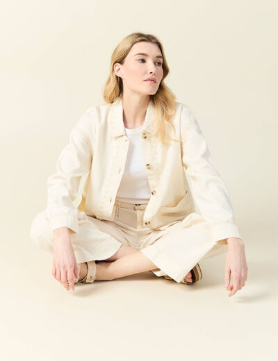 Blouson boutonn&eacute; brod&eacute; denim blanc femme