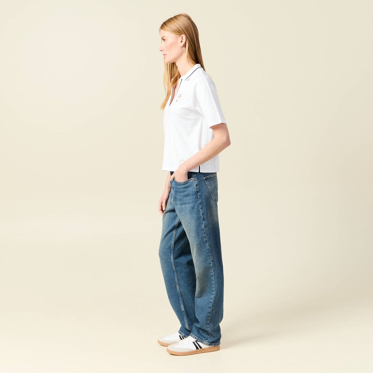 T-shirt polo droit court en coton blanc femme