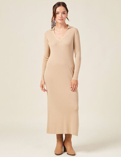 Robe pull longue moulante beige femme