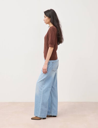 Pull ajour&eacute; droit court manches courtes marron fonc&eacute; femme