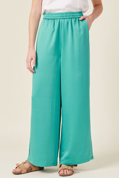 Pantalon large fluide satin bleu turquoise femme