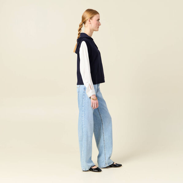 Pull sans manches capuche bleu marine femme
