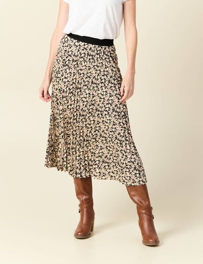 Jupe midi évasée plissée noir femme