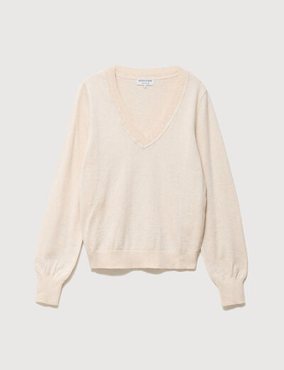 Pull droit col v manches longues creme femme