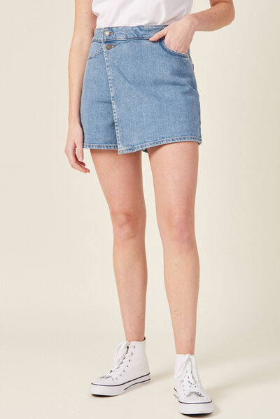 Jupe-short droite en jean denim bleach femme