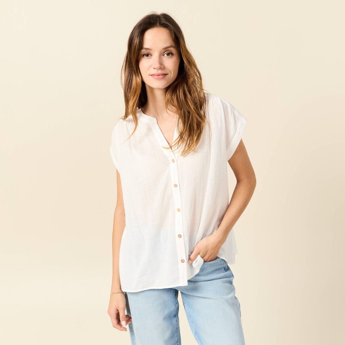 Chemise manches courtes ecru femme