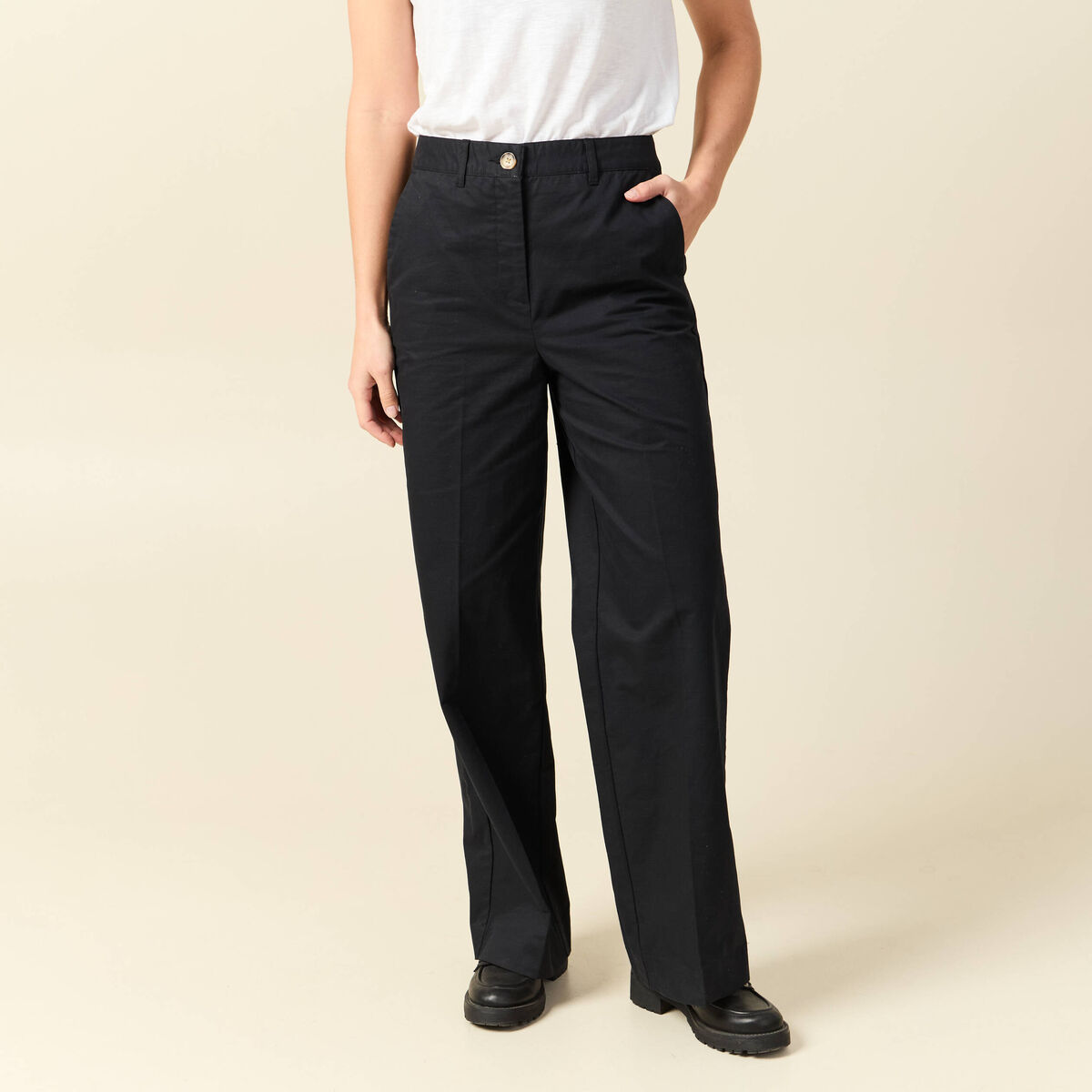 Pantalon large cropped taille haute noir femme