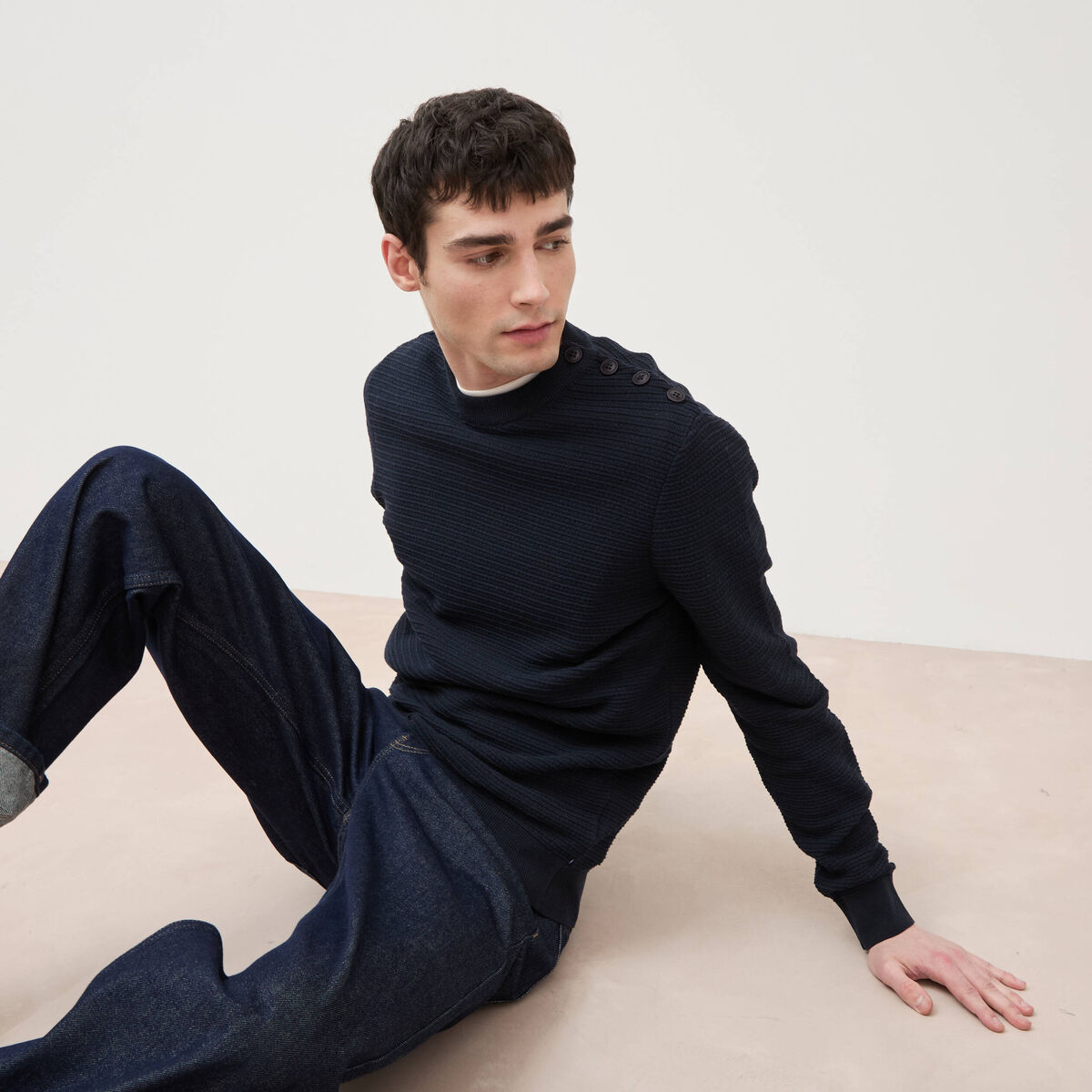 Pull col rond manches longues bleu marine homme