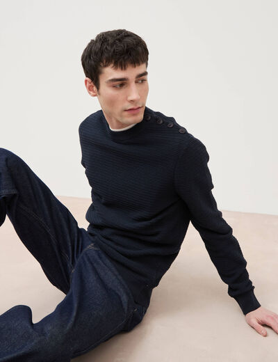 Pull col rond manches longues bleu marine homme