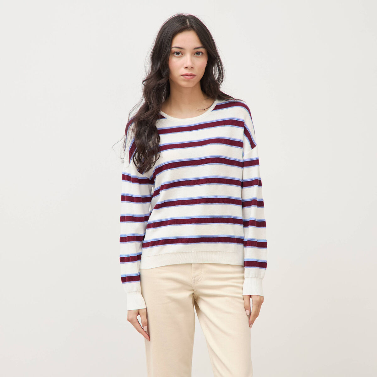 Pull col rond manches longues en coton marron chocolat femme