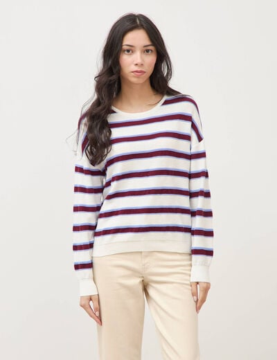 Pull col rond manches longues en coton marron chocolat femme
