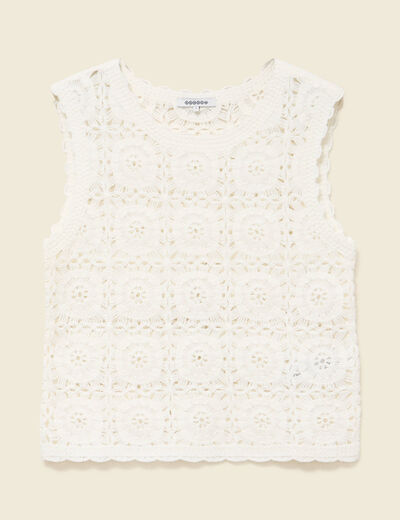 D&eacute;bardeur crochet col rond sans manches ecru femme