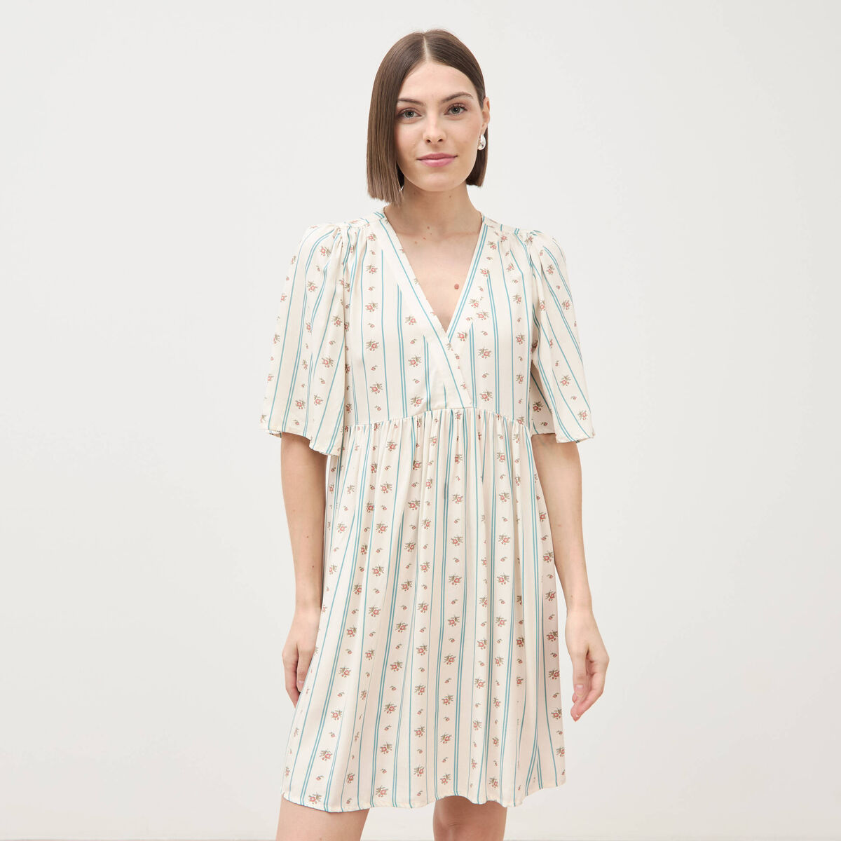 Robe fluide col v manches courtes bleu gris femme