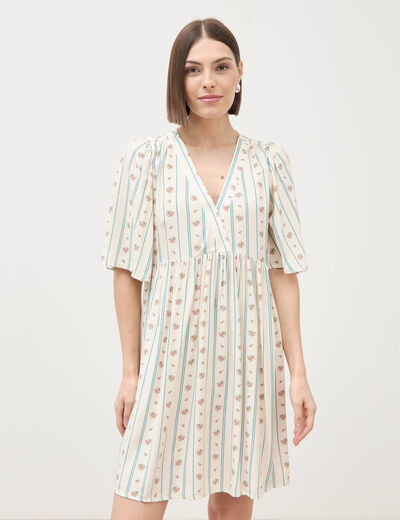 Robe fluide col v manches courtes bleu gris femme