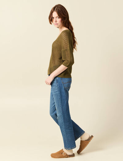 Pull ajour&eacute; col v manches 3/4 vert olive femme
