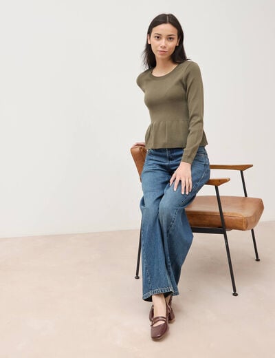 Pull col rond manches longues vert kaki femme