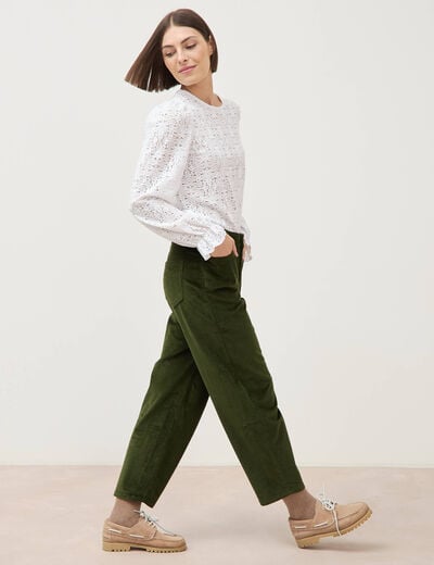 Pantalon taille haute velours resserr&eacute; vert fonc&eacute; femme