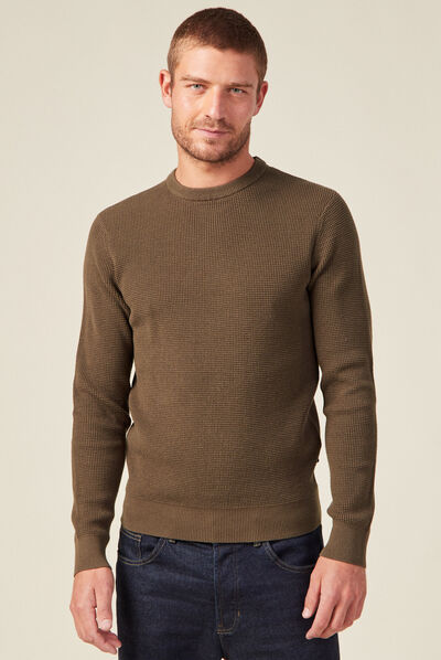 Pull manches longues col rond vert kaki homme
