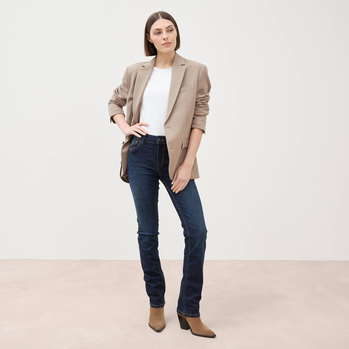 Jeans regular taille haute denim brut femme