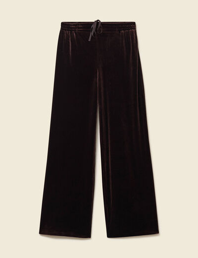 Pantalon large taille haute en velours marron fonc&eacute; femme