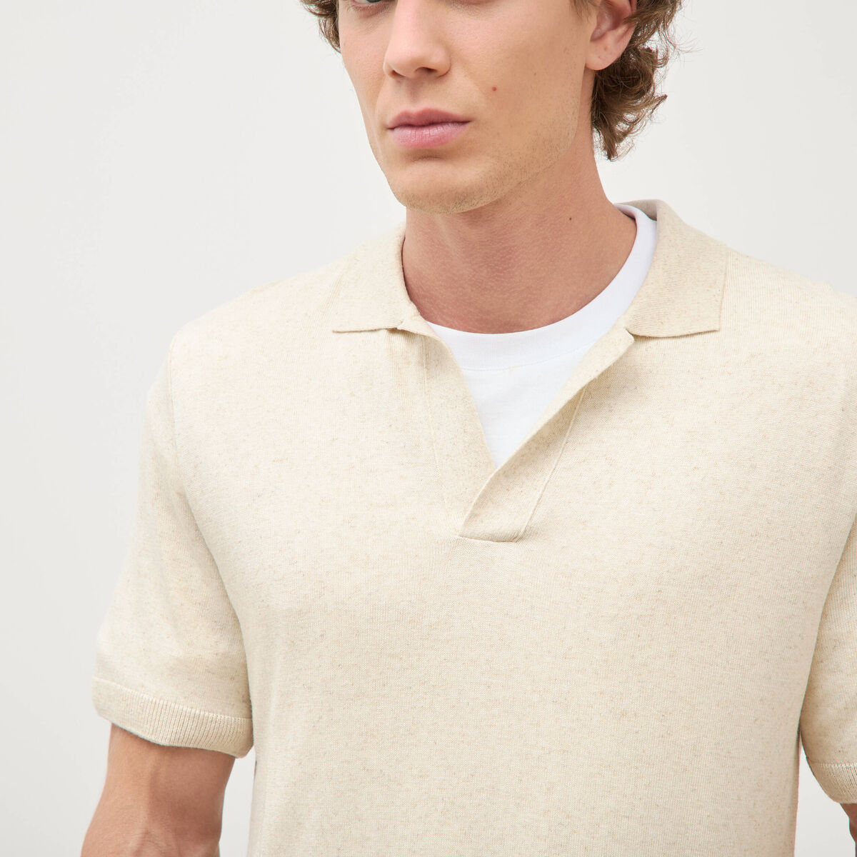 Polo manches courtes col cubain ecru homme