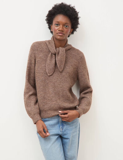 Pull droit col rond manches longues marron femme