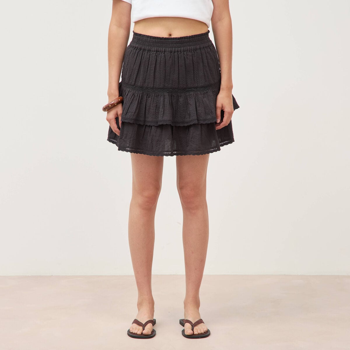 Mini-jupe fluide en coton doubl&eacute;e noir femme