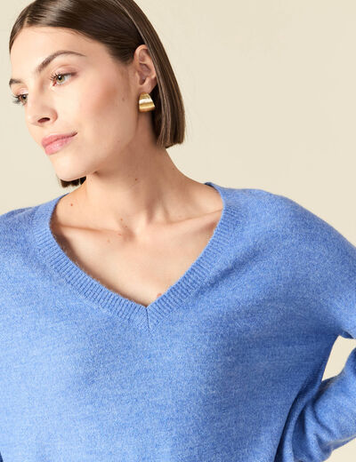Pull manches longues col en V bleu ciel femme