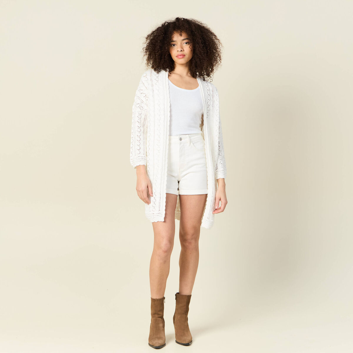 Gilet long ajouré ecru femme