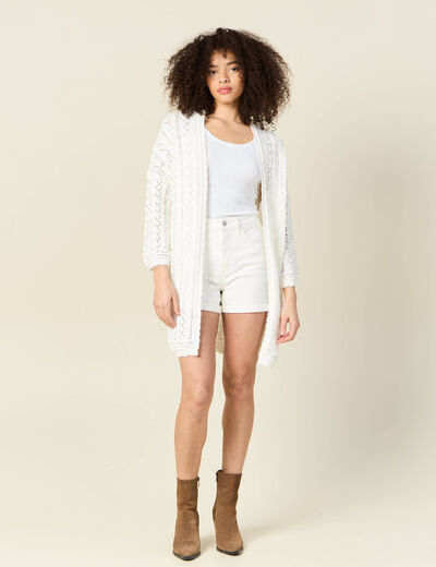 Gilet long ajouré ecru femme