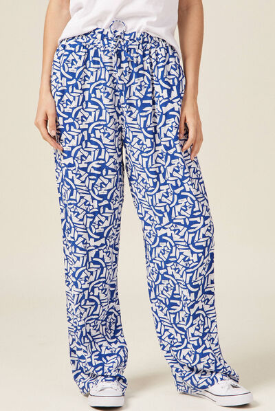 Pantalon large fluide bleu femme