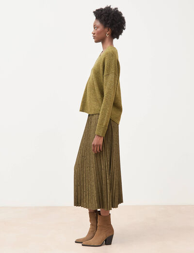 Pull droit col v manches longues vert kaki femme