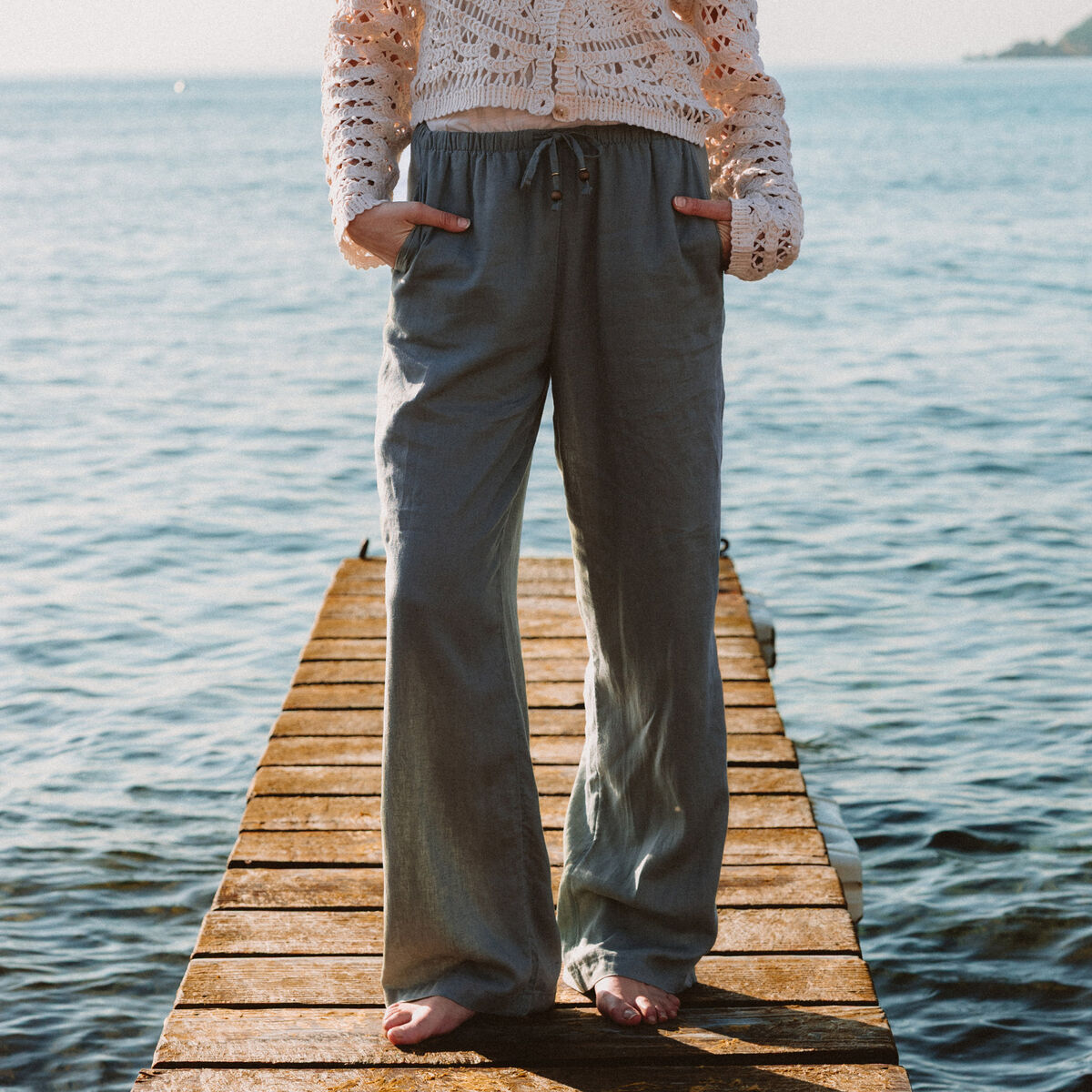 Pantalon standard fluide vert kaki femme
