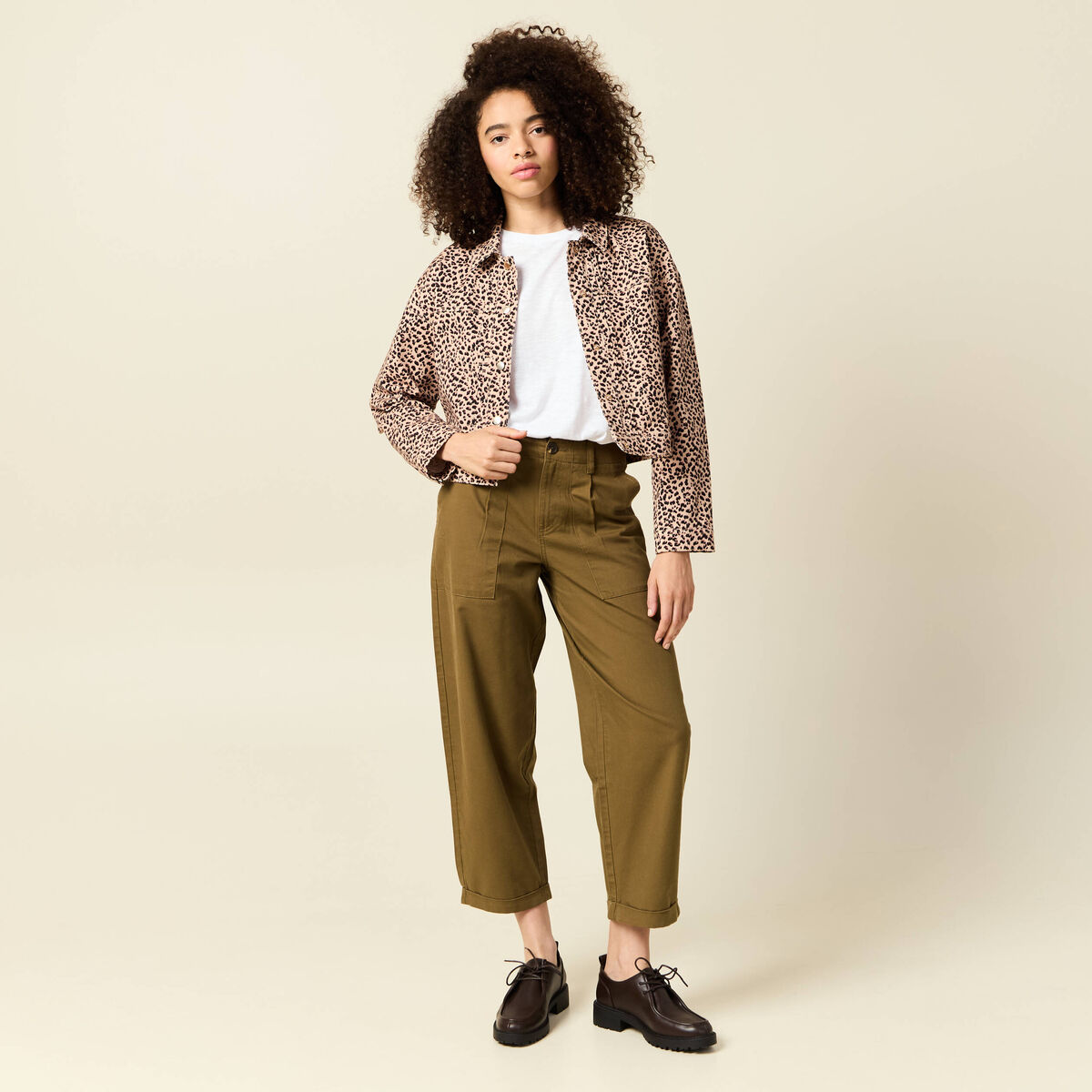Jeans barrel taille haute 7/8&egrave;me vert kaki femme