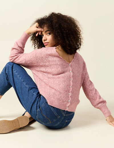 Gilet ajour&eacute; col V manches longues rose pastel femme