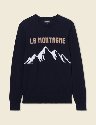 Pull col rond manches longues en coton bleu fonc&eacute; homme