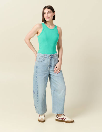 Débardeur cintré court col rond vert turquoise femme