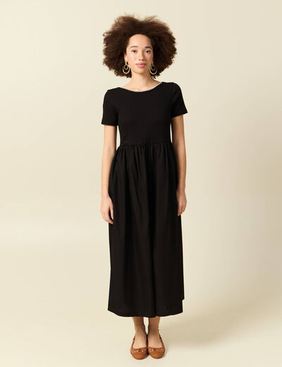 Robe longue bi-mati&egrave;re col rond noir femme