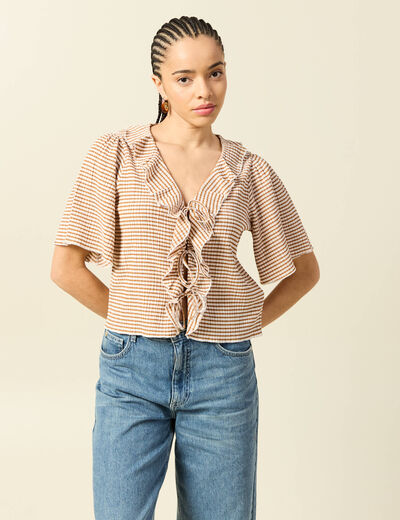 T-shirt col V &agrave; volants manches courtes marron clair femme