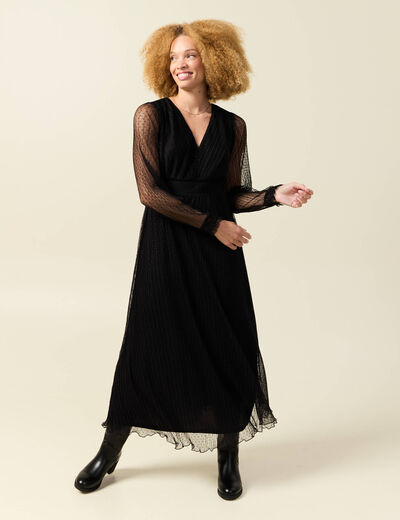 Robe manches longues en voile doubl&eacute;e noir femme