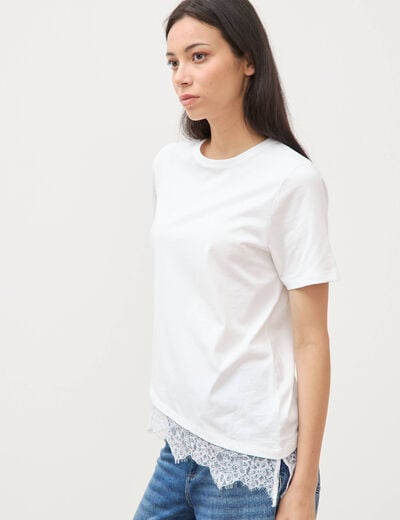 T-shirt droit col rond avec dentelle ecru femme